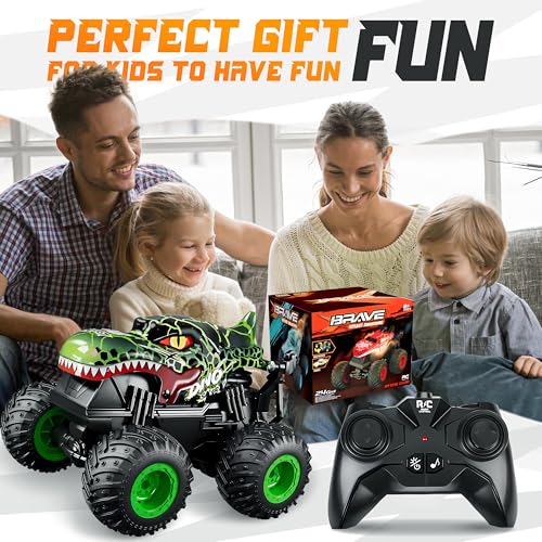 BEZGAR Monster Truck Toys,1:20 Remote Control Car with Light & Music | Green Dinosaur Toys for Kids,RC Truck with 360° Spins and Drifting, Toy Car Gifts for Boys, Battery Life of 20 Minutes - color: Green