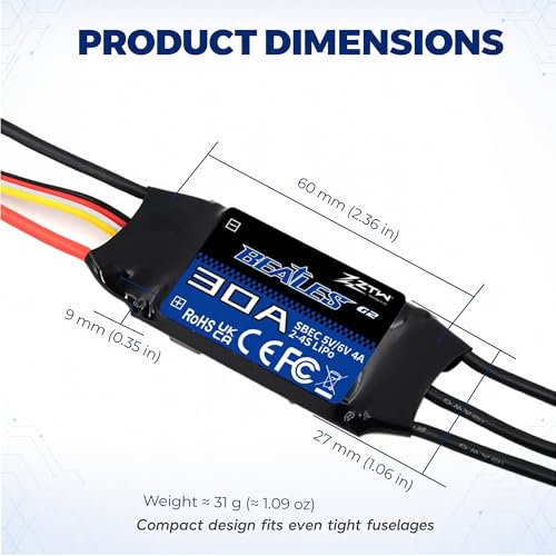 ZTW Beatles G2 30A ESC 2-4S Built-in Switching BEC 5V/6V 4A Brushless Speed Control for RC Airplane Aircraft Fixed-Wing - size: 30A
