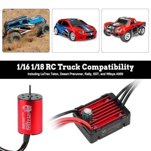 Surpass Hobby 2435 4800KV Motor 25A ESC Combo for 1/16 1/18 RC Truck | Complete power upgrade combo for 1/16 1/18 RC Truck LaTrax Teton Desert Prerunner Rally SST Wltoys A959 - color: Red