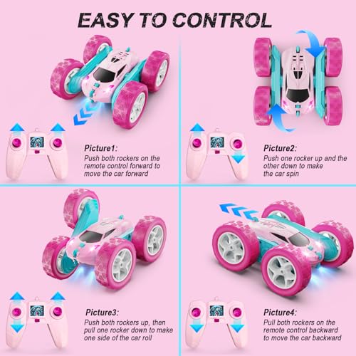 QUNREDA RC Cars, Pink Remote Control Car for Girls, 2.4 GHZ Double Sided RC Stunt Car 360° Rotating Remote Control Crawler with Headlights Car Toys for 6 7 8 9 10 11 12 Girls Birthday Gift Grandkids - color: Pink