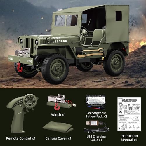 RC Military Truck, 1:10 Scale Remote Control Car, 2.4GHz 4WD Off Road RC Rock Crawler, All Terrain RC Crawler Army Vehicle with LED Lights, Winch, Canvas Cover and 2 Batteries for Adults