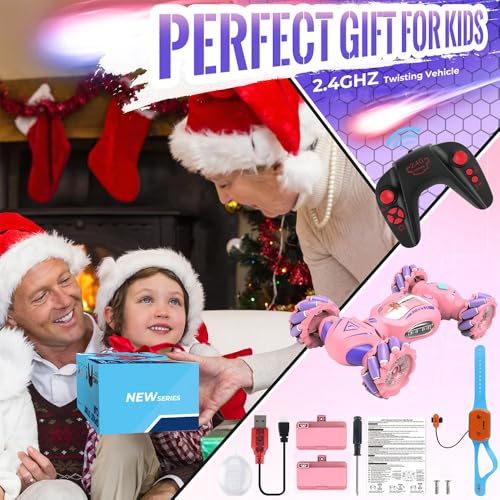 RC Stunt Car, 2.4GHz 4WD Gesture Sensing Remote Control Car, RC Twist Cars with Spary & Light & Music, Double-Sided 360° Rotating (Pink)