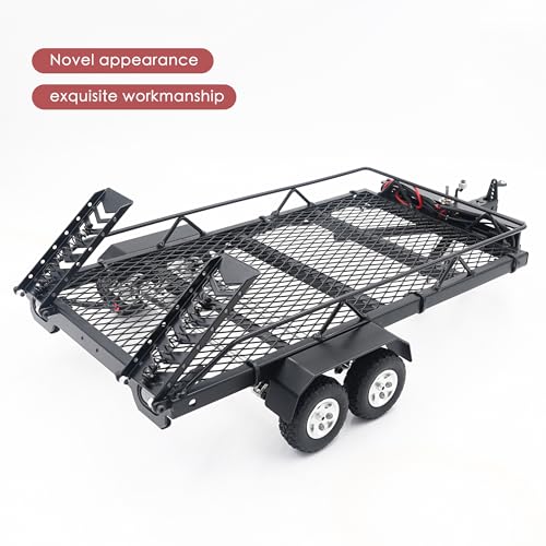 1/18 1/24 Metal Flatbed RC Trailer Kit with Tow Hitch for TRX4M SCX24 | For Axial SCX24 FMS FCX24 1/18 1/24 RC Car,RC Trailer with LED Taillight & Hook Hitch,Heavy-Duty,Strong and Durable