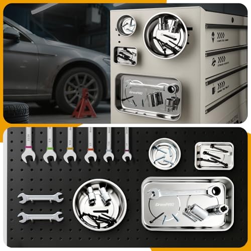 GRENPRO 4-Pack Magnetic Parts Tray Set, Heavy-Duty 3"/6" Round & Square | Stainless steel trays with extra strong magnet hold nuts, bolts, screws; anti-slip base for workshop and auto repair storage - style: Assorted (Round, Square, Shallow)