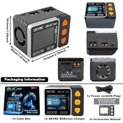 SKYRC B6ACneo Smart Charger Lipo Battery Charger, DC 200W AC 60W | PD Output 65W Battery Balance Charger Discharger for 1-6S LiPo/LiFe/Li-ion/LiHV, 1-15S NiMH/NiCd, 3S/6S Pb Battery