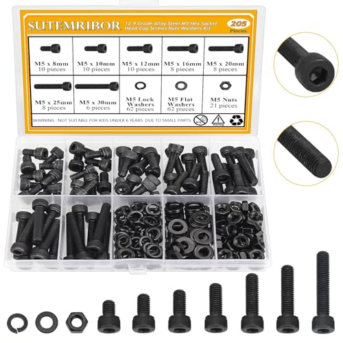 205 Pieces M5 Screws Nuts Washers Set Black, Sutemribor M5 x 8/10/12/16/20/25/30mm Hex Socket Head Cap Screws Nuts Washers Assortment Kit, 12.9 Grade Alloy Steel, Fully Threaded - size: M5 x 8-30mm, style: Socket Head