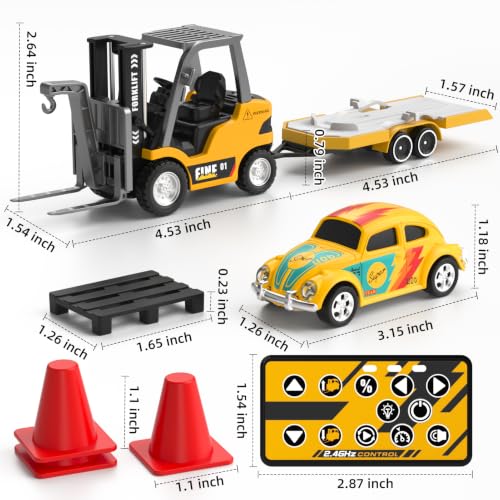Mini RC Truck, 1:64 Scale RC Forklift Toy, 3 4 5 6 Year Old Birthday Gifts | Remote Control Cranes,Mini Rechargeable Truck,2 in 1 Transform Lift Fork & Hook, w Sound Light, Toy RC Construction Vehicles - style: forklift