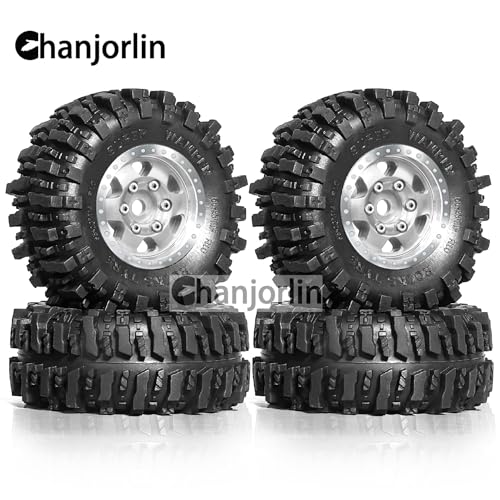 1/24 1/18 RC Crawler Tires and Beadlock Wheels Rims Offset -2.5mm 1.0 Super Soft Sticky Mud Terrain Rock Tyres OD 55mm For 1:24 1:18 Car Axial SCX24 FMS AX24 FCX18 FCX24 TRX4M 4Pcs (Silver) - color: Silver