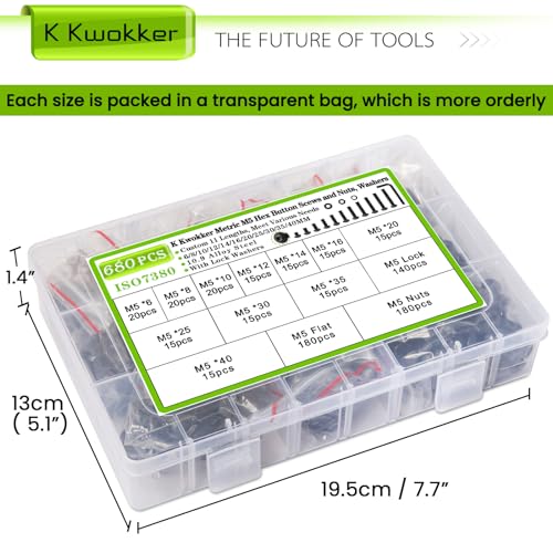 680 x M5 Nuts and Bolts Assortment Kit 6mm-40mm, 11 Length Button Head Hex Socket Cap Machine Screws 12.9 Alloy Steel M5 Screw Assortment, Bolts and Nuts Kit 6/8/10/12/14/16/20/25/30/35/40MM - size: E. M5