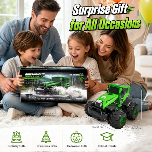 1:14 Amphibious Farm RC Tractor, All-Terrain Off-Road Stunt Trucks Toy Car | Waterproof Amphibious Farm Vehicle 2.4GHz Remote Control Tractor 4WD Stunt Water Car Birthday Gift for Boys & Girls Ages 6-14