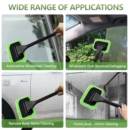 Car Windshield Cleaning Tool, Car Windshield Window Cleaner Set with Detachable Handle & 2 Reusable Microfiber Pads & Spray Bottle, Universal Auto Window Glass Cleaning Kit (Green) - color: Green