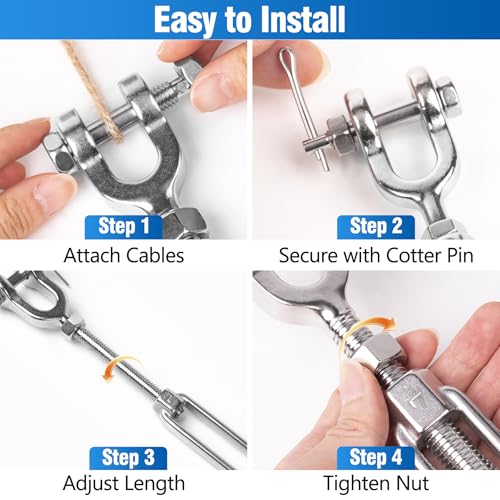 4 PCS M6 Turnbuckle 1/4" 304 Stainless Steel Jaw and Jaw Turnbuckle Tensioner, Heavy Duty Cable Tensioner, 1140 LBS Working Load Limit, Adjustable Turnbuckles for Cables Wire, Clotheslines, Shade Sail - size: 1/4"-4 Pack