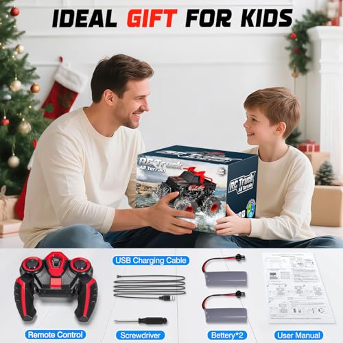 Remote Control Car for Kids, Waterproof RC Monster Truck with Gesture Band | All Terrain Waterproof RC Car Drives on Land and Water with 4WD, LED Lights, Spray, 360° Stunts, Tracks and 50+ Min Play - color: Red