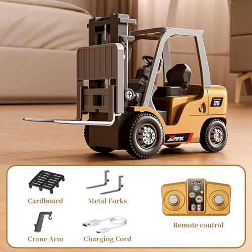 1/64 RC Forklift Toy 7 Channel 2 Mode Mini Remote Control Forklift Truck with Rechargeable Battery, 2 in 1 Transformable Lift Fork & Hook with Lights & Sounds for Adults Kids Boys and Girls - style: RC Forklift