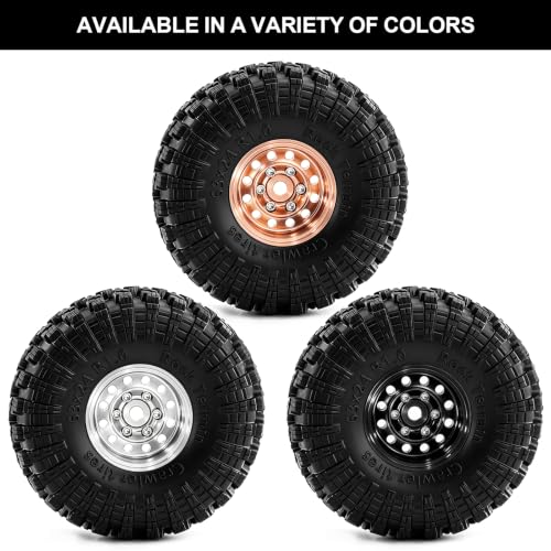 1.0" Beadlock Aluminum Wheels and 63mm Soft Rubber Tires | for SCX24, TRX4M, Ascent 18, FCX24, 1/18 1/24 RC Crawler, 7mm Hex, 0mm Offset, with Foam Inserts, (Silver) - color: Silver