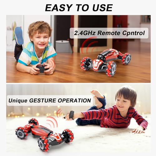 Gesture Sensing RC Stunt car, Rc Vehicle for Kids 4-12 Old Presents | 4WD Drive Watch Sensing rc car ,Bidirectional Drifting Off-road Vehicle with music and lights RC Toys for boys - color: Deep Red