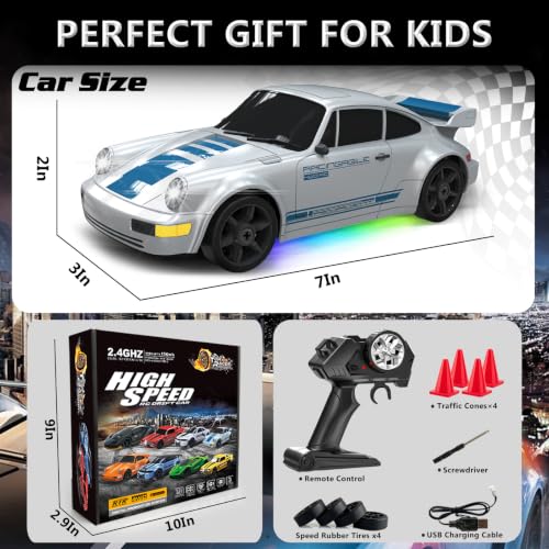 RC Drift Car 1:24 Remote Control Car 4WD 15KM/H High Speed Racing Sport Car with LED Lights RC Cars Toy for Kids Boys Girls Adults Gifts Birthday Christmas - color: Gray