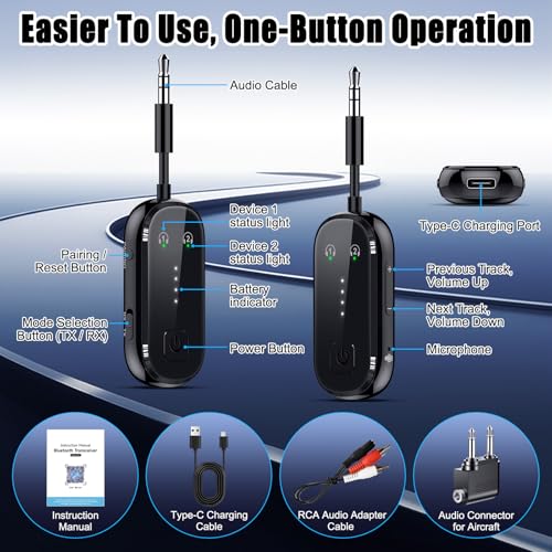 2026 Upgrade Pro Bluetooth 6.0 Transmitter Receiver – 2-in-1 Adapter | For TV, plane, gym, car & home. Dual Link for 2 headphones. Low latency, stable. Works with all AirPods & wireless headphones - color: Black