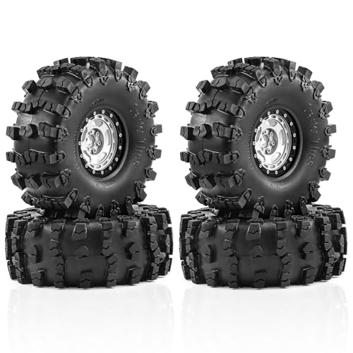 2.2" Beadlock Wheel Rims and Rubber Crawler Tires 150mm (5.91in) for 1/10 RC Crawler SCX10 RBX10 Wraith TRX4 (Silver) - color: Silver