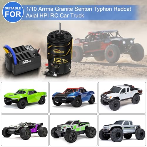550 12T Brushed Motor and 60A Waterproof Brushed ESC Electronic Speed Controller for Axial RC4WD Cross HPI Mist GMADE D90 D110 TF2 SCX10 1/10 Remote Control Car Truck (Black) - color: Black