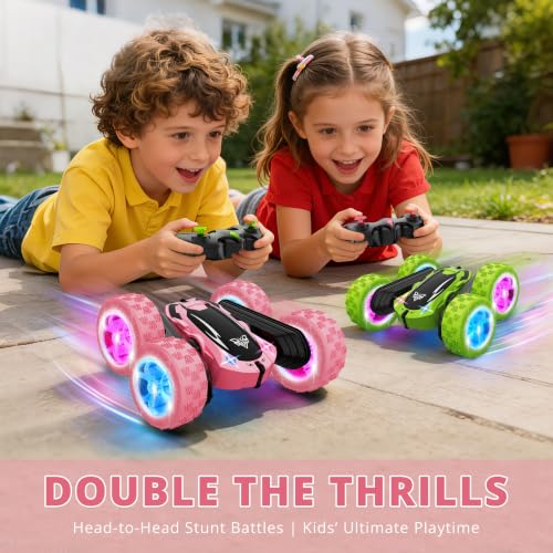Remote Control Car, 2.4GHz RC Stunt Car, Double Sided Rotating RC Cars | LED Headlight & LED Wheel, 360° Flips High Speed Off Road RC Crawler Xmas Gift for 5 6 7 8-12 Year Old Girls Toys (Pink) - color: Pink