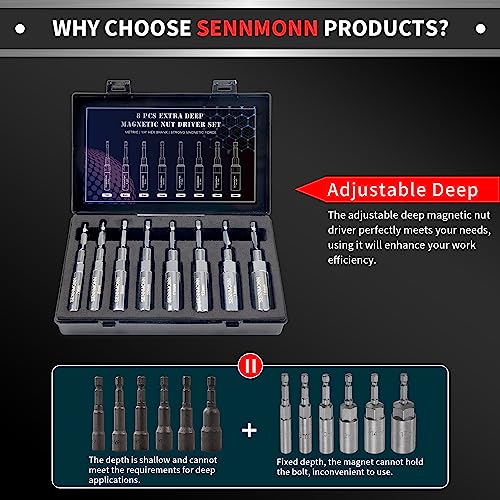 Extra Deep Magnetic Nut Driver Set, 8 PCS Adjustable Deep Nut Driver Set for Impact Drill, Metric, Quick-Change 1/4" Hex Shank,Cr-V Steel