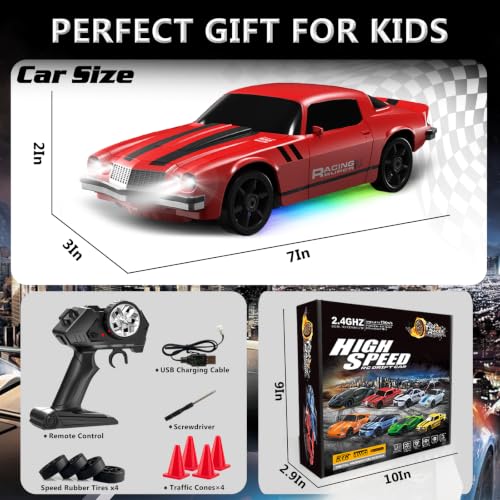 Remote Control Car RC Drift Car 2.4GHz 1:24 4WD 15KM/H High Speed Racing Sport Car with LED Lights Drifting Tire Racing Sport Toy for Adults Boys Girls Kids Gift - color: Red