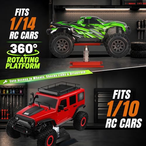 RC Car Repair Work Stand Lift Lower Adjustable Workstation Aluminum 360 Degree Rotation for 1/8 1/10 1/12 RC Car Traxxas Slash TRX4 Arrma Axial SCX10 Losi Redcat Wltoys RC Crawler Monster Truck Buggy - color: Lift Lower Green