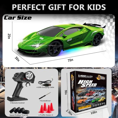 Remote Control Car RC Drift Car 2.4GHz 1:24 4WD 15KM/H High Speed Racing Sport Car with LED Lights Drifting Tire Racing Sport Toy for Adults Boys Girls Kids Gift - color: Green