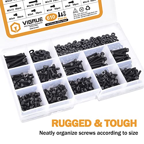 M3 x 4/5/6/8/10/12/14/16/18/20/25mm Socket Cap Screws, VIGRUE 610PCS 14.9 Grade Alloy Steel M3 Socket Hex Head Cap Machine Screws Bolts Nuts Washer Assortment Kit - size: M3 Socket black