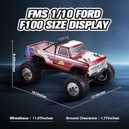 FMS 1/10 RC Truck Ford F-100,2WD Monster Truck with Licensed Body, 550 Brushed Motor, Oil Shocks, Independent Suspension – All-Terrain RC Crawler, High Speed Off-Road RC Car for Gift(Red High Roller) - color: Red High Roller