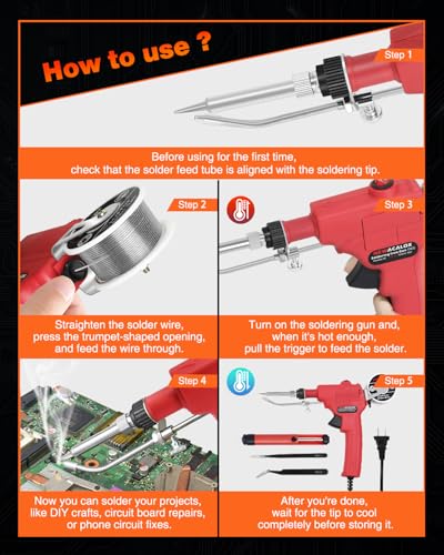Soldering Iron Kit 6 in 1, 60W 110V Professional Automatic Soldering Gun, Handheld Solder Gun Kit with Desoldering Pump, Tweezers, for Electrician Circuit Board Repair - color: Red