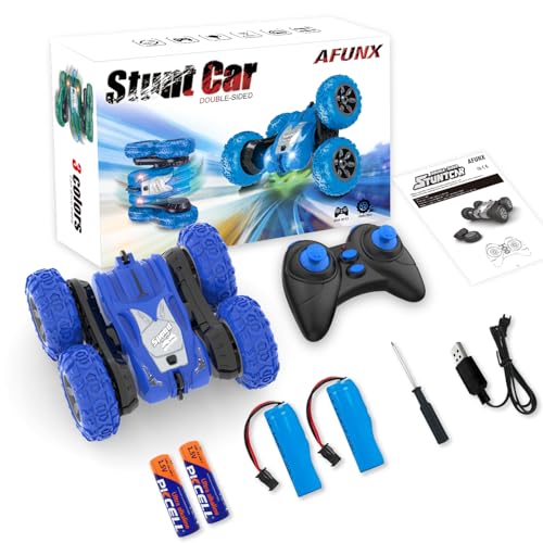 AFUNX Remote Control Car, RC Stunt Cars Double Sided 360° Rolling Rotating Rotation, Rechargeable Car Toy for 6 7 8-12 Year Old Boy Kids Birthday Xmas Gift, Blue - color: Blue