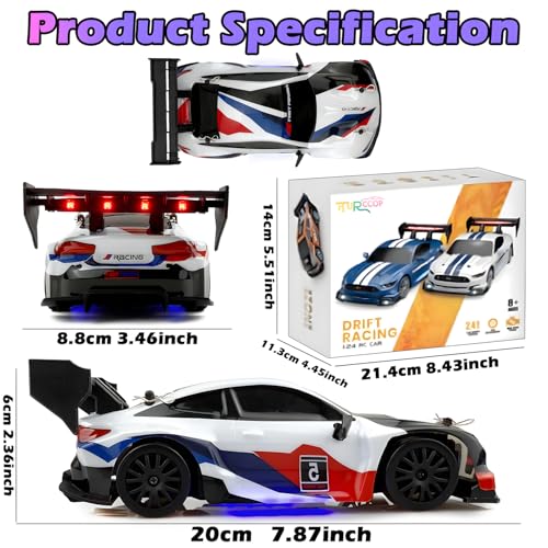 HTURCCOP RC Drift Car 2.4GHz 1:24 Scale 4WD 25KM+/H High Speed Model Vehicle with LED Lights Drifting Tire Racing Sport Toy Car for Adults Boys Girls Kids Gift (White) - color: White