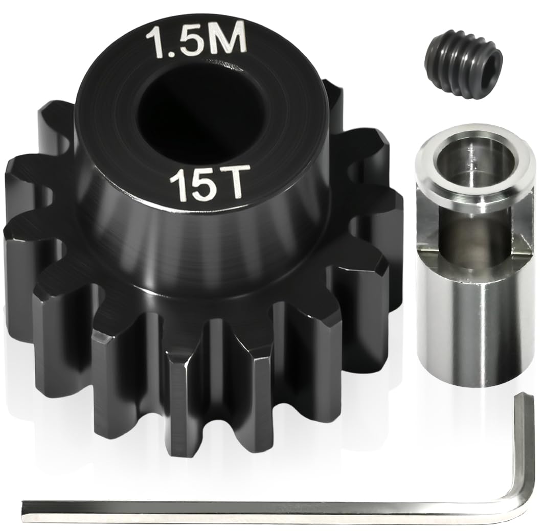 M1.5 15T Pinion Gear 8mm Bore with 8mm to 5mm Shaft Adapter Sleeve, Chromium Steel Motor Gear with Set Screw & Hex Key for Traxxas ARRMA Losi 1/5 1/8 RC Cars - size: 15T
