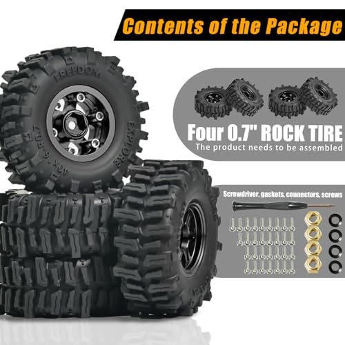 0.7” FS6 Super Soft Rubber Tires & CNC -1mm Offset Aluminum Beadlock Rims, 40×16mm Micro Crawler Wheels Tires Set for Axial SCX30 Redcat Ascent-32 1/30–1/32 RC Crawler, 4PCS Black - color: Black