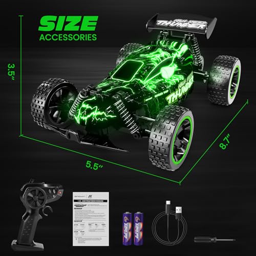 Tecnock RC Cars for Kids, 1:18 Scale 2WD RC Car with LED Lights, 2.4GHz Remote Control Car with USB-C Easy Charging & 50 Mins Playtime, Toys Gifts for Boys & Girls Ages 8-12 - color: Green