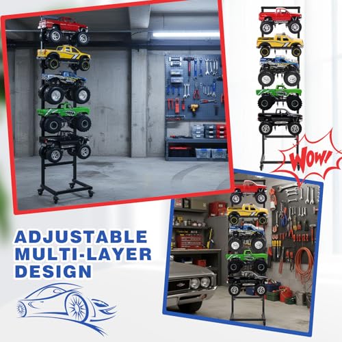 AceOrbit Rc Car Stand Display Rack with 4 Removable Mute Lockable Wheels, 5 Adjustable Tiers Layer Workstation Storage Shelf for 1/6 1/10 1/12 1/24 1/32 Scale RC Trucks Buggies for Garage/Living Room