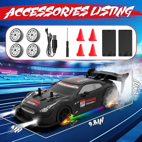 RC Drift Car 1:20 Scale Remote Control Cars 2.4GHz 4WD High Speed RTR Racing Vehicle with LED Lights 2 Rechargeable Batteries and Drifting Tires Racing Sport Toy Car for Adults Kids Boys Girls - color: Black