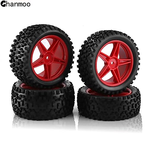 1/10 RC Off Road Tires and Wheels Rims 12mm Hex Set Front and Rear 87mm Rubber Buggy Tyres Foam Inserts for 1:10 Off-Road Car HSP Kyosho HPI Tamiya HSP 94107 94166 94106 94155 4PCS (Red) - color: Red