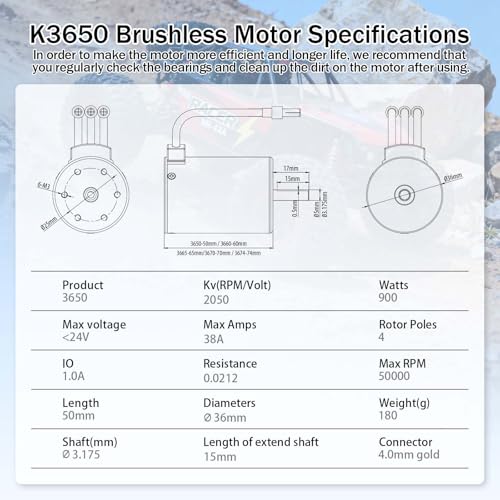 SurpassHobby 3650 Brushless Motor 2050KV 3.175mm Shaft Waterproof Motor for Most of 1/10 Scale RC Truck On Road Off Road Car - size: 2050kv, style: 3650 Brushless Motor