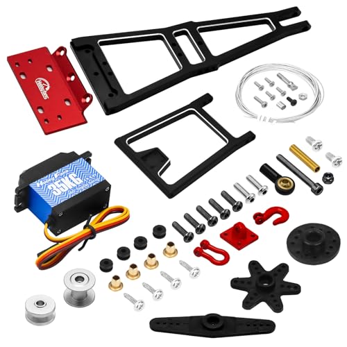 Aluminum RC Winch Double Stent Rescue Set Truck Tow Crane Arm Wrecker Kit with 360° 35KG Servo for 1/10 SCX10 TRX4 RC Crawler and Trailer RC Upgrade Parts (Black & Red) - color: Black & Red