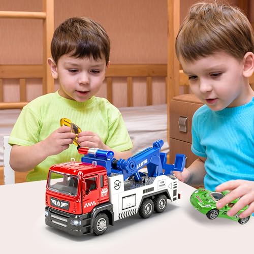 Diecast Tow Truck Toy, Pull Back Vehicle with 2 Mini Cars for Boys | Carrier Trucks Toys with Lights & Sound, Metal Tow Truck and Trailer for Kids Toddlers Age 3 4-7 8 9 Years Old - style: Tow Truck