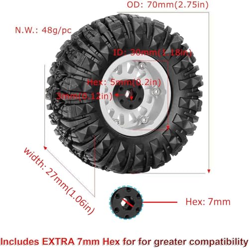 4PCS 1.3" Aluminum Alloy Beadlock Wheel Rims All-Terrain Tyre 70mm Rubber Tires Set with 5mm & 7mm Hex for 1/12 1/14 1/18 1/24 RC Rock Crawler Car Upgrade Parts (D-Brown) - color: D-brown