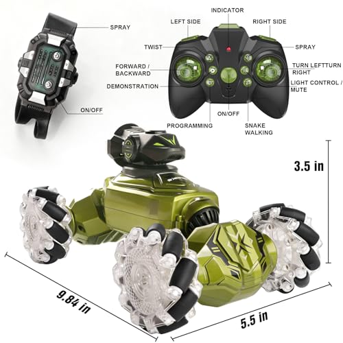 Gesture Sensing Remote Control Car, RC Cars Toys for Boys Age 6-12, 4WD Hand Controlled Twist & Transform 360° Spins Stunt Car with Mist, Light & Music, 8-10 Year Old Boys Birthday Gift Green - color: Green