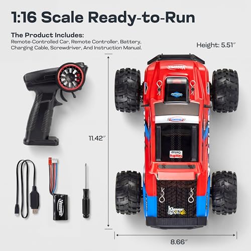 Vroomix 1:16 4WD RC Car, Red Remote Control Light Hobby Racing Monster Truck Toy Gift for Kids, 3 Driving Modes, Up to 28 Mph, 35 Mins, 110 Ft Range, Toy Truck for Boys Age 8-12 & Adults - color: Red