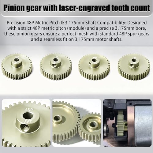 4Pcs 48P Aluminum Alloy Pinion Gear Set 3.175mm 38T 39T 40T 41T Motor Pinion Gear W M4 Screw and Hex Key, Fit 3.175mm (1/8-Inch) Shaft, for Arrma HPI Kyosho Losi Axial Traxxas Tamiya 1/10 RC Car - size: 48P-P-3.175mm-38-41T