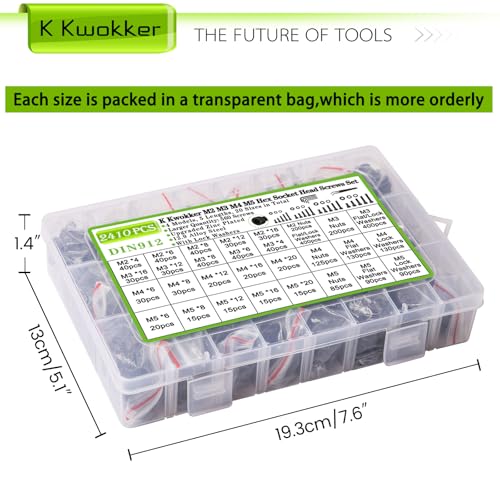M2 M3 M4 M5 Hex Socket Bolt & Nut Assortment Kit, 2410Pcs | 12.9 Alloy Steel, Zinc Plated Anti-rust; 20 Sizes Metric Screws with Lock Washers; For 3D Printing DIY Machinery Repair - size: K. M2 M3 M4 M5