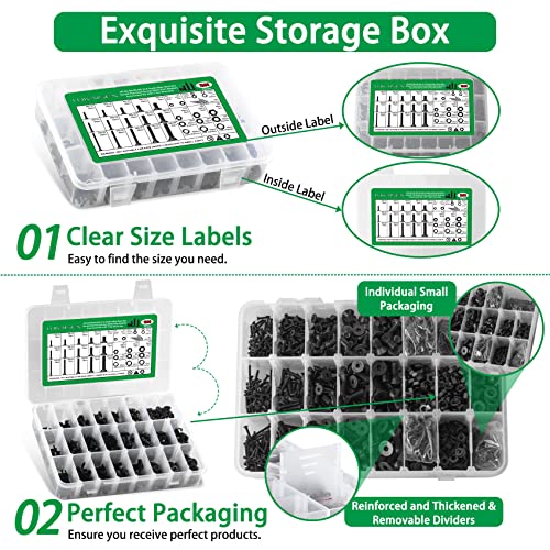 1500PCS Screw Assortment Kit, M2-M6 10.9 Alloy Steel Hex Flat Cap Bolts | With Nuts & Flat Washers & Lock Washers & Wrench, Black Zinc Plated High-Tensile, Length 10-20mm, for 3D Printing, DIY, Home - size: M2 M3 M4 M5 M6 1500pcs 1