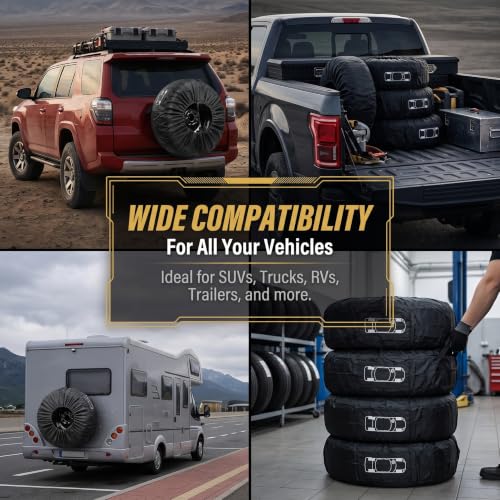 Car Spare Tire Cover, 31.49" Thickened Oxford Fabric Waterproof Portable Tire Storage Bag with Handle, Stable Adjustable Sunscreen Tire Protector, Universal Storage Accessory for Cars (Black)